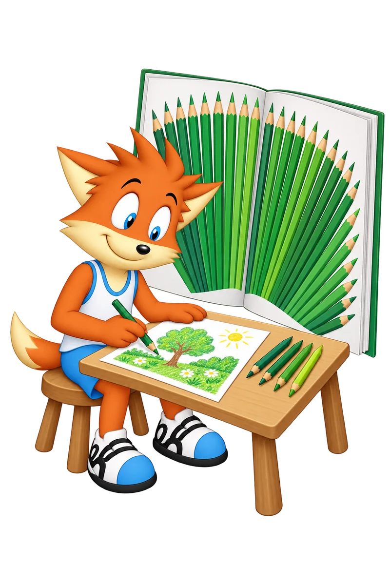 An orange character draws a green garden with ordinary pencils beside a giant catalogue showing dozens of green pencils.