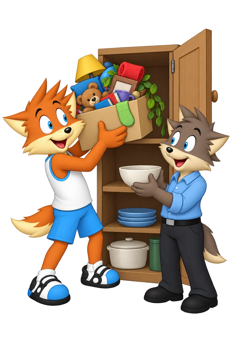 An orange character lifts an overflowing box out of a shared cupboard while a companion holds a bowl beside the cleared shelf.