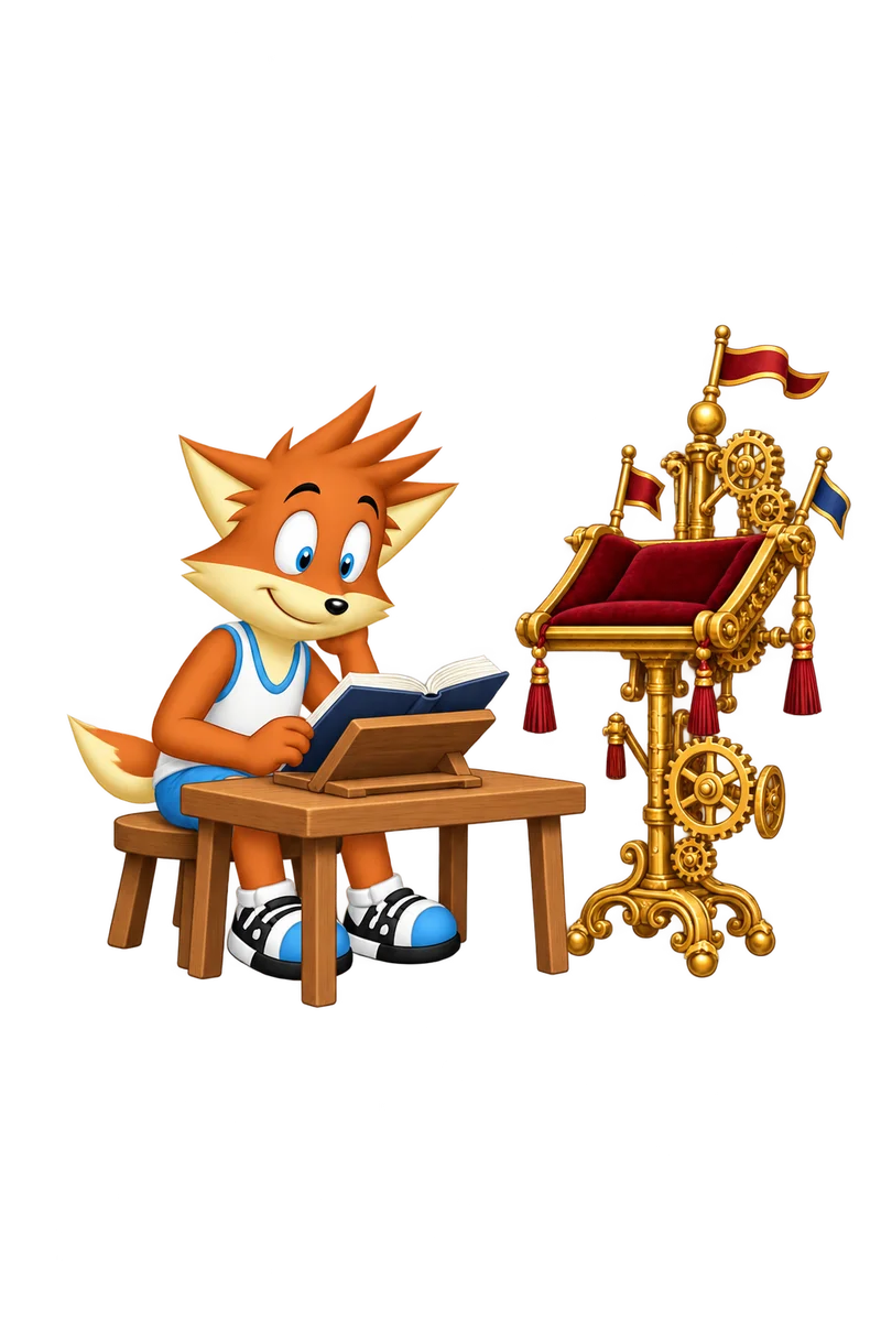 An orange character reads on a plain wooden bookrest beside an unused ornate golden stand with gears and flags.