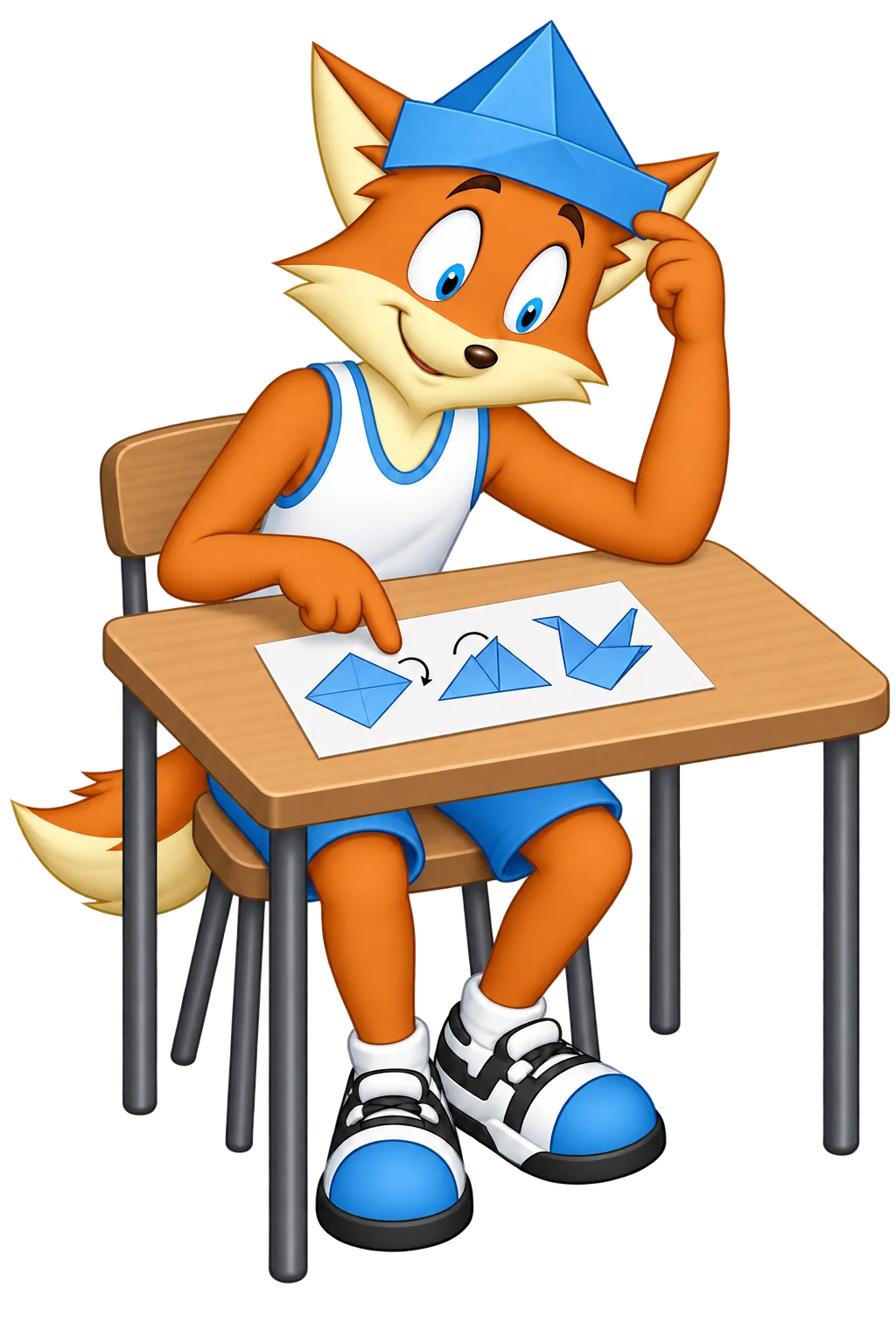 An orange adult wearing a blue folded paper hat touches its brim and points to a bird-folding diagram on a desk.