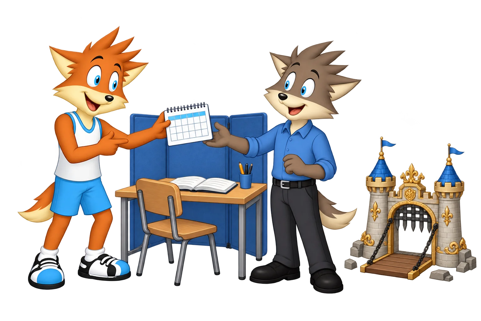 An orange adult offers a calendar to a grey-brown companion beside a desk with an open book, a chair and a blue folding screen; a miniature ornate castle gate stands to one side.