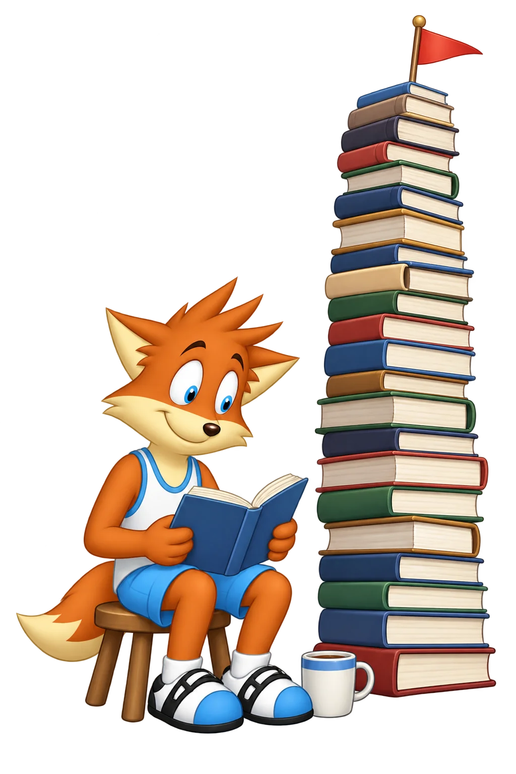 An orange adult sits on a stool reading one book beside a tall stack of books topped with a red flag; a mug stands on the floor.
