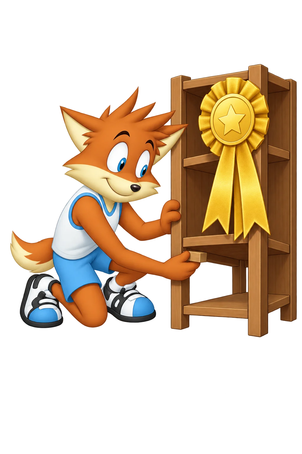 An orange adult kneels beside a wooden shelf, touching a lower joint while a large gold prize ribbon hangs above.
