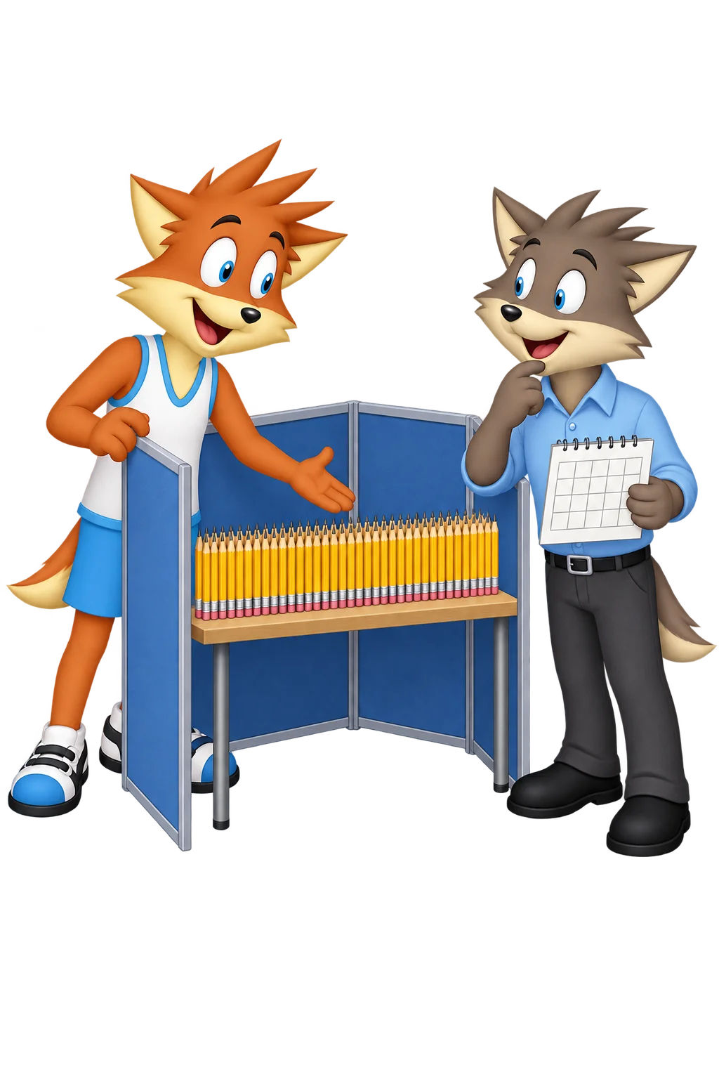 An orange adult opens a blue folding screen around a table lined with sharpened yellow pencils, facing a grey-brown adult holding a calendar.