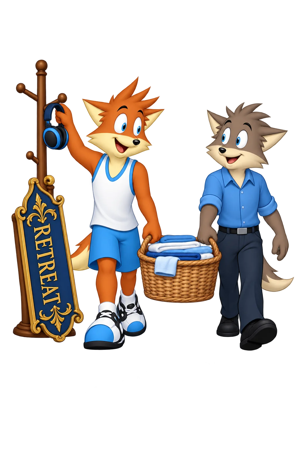 An orange adult hangs headphones on a coat rack while sharing a laundry basket with a grey-brown adult; an ornate RETREAT sign leans against the rack.