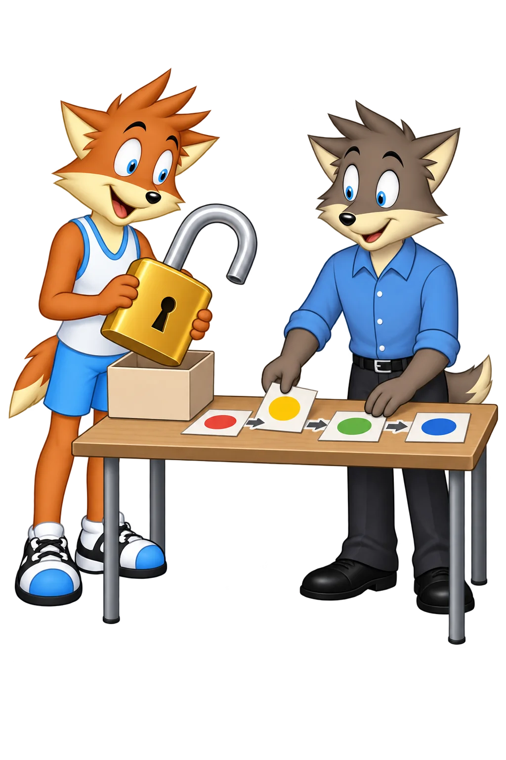 An orange adult lowers a large open padlock toward a box while a grey-brown adult rearranges colored diagram cards on a table.
