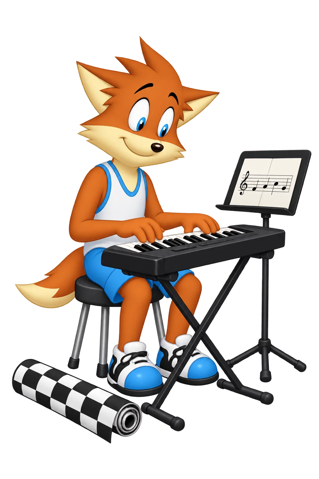 An orange adult sits on a stool playing a small keyboard, with a short musical phrase on a stand and a rolled black-and-white checkered banner on the floor.
