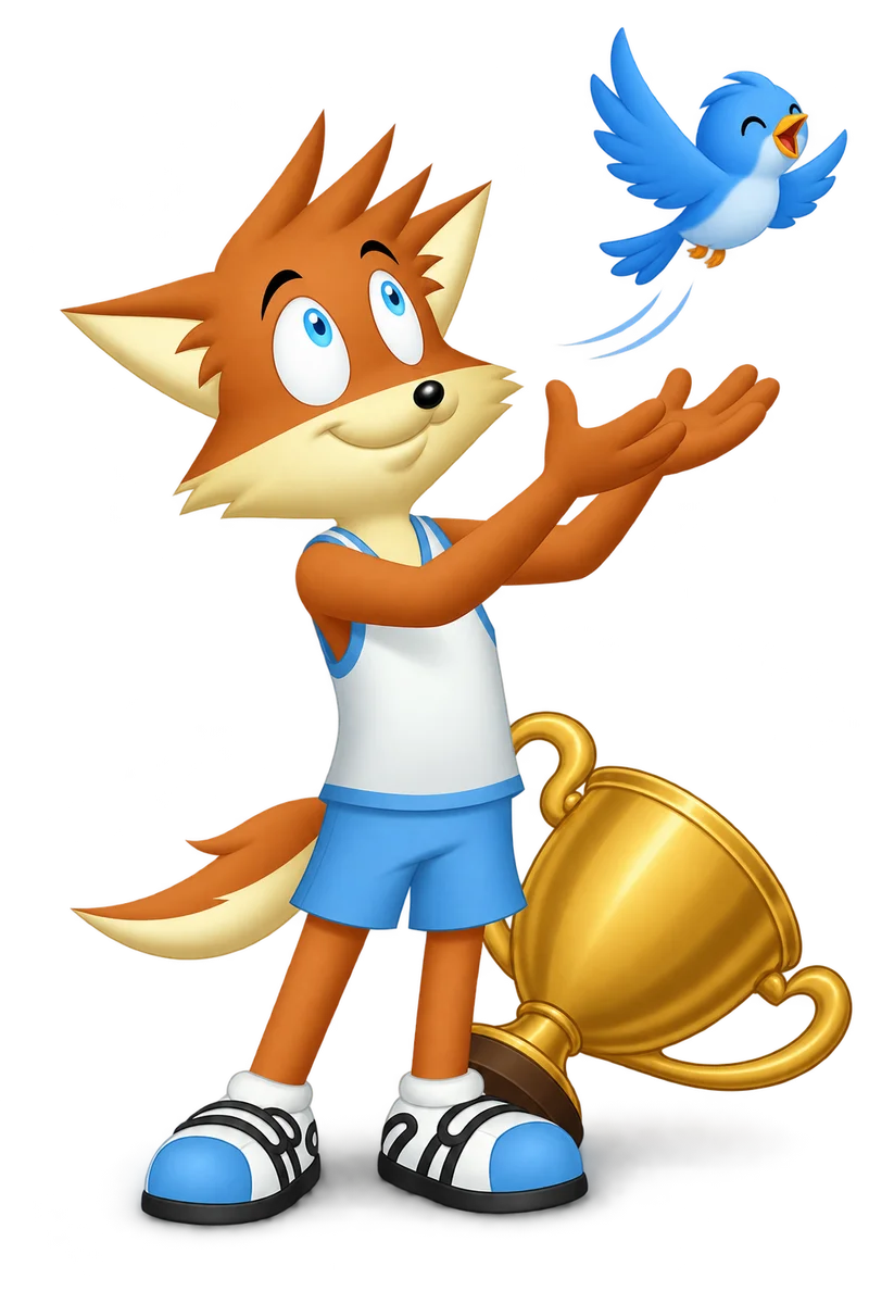 An orange character lets a small bird fly toward another friend while a helper trophy goes unclaimed.