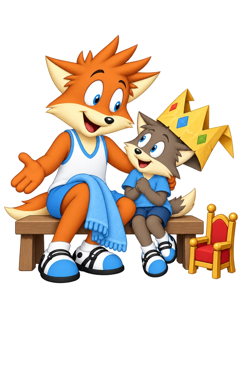 An orange parent makes room on a bench for a smiling gray child wearing a floppy paper crown; a tiny ceremonial throne stands unused.