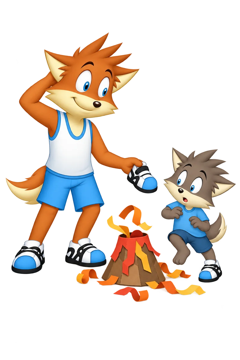 An orange parent offers a missing shoe to a gray child beside a cardboard volcano and scattered paper.