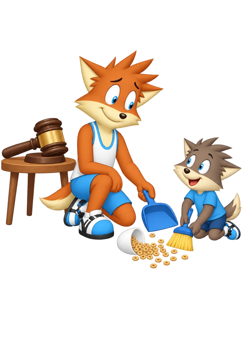 An orange parent helps a gray child clean a little cereal spill while an absurdly large judge’s gavel goes unused.