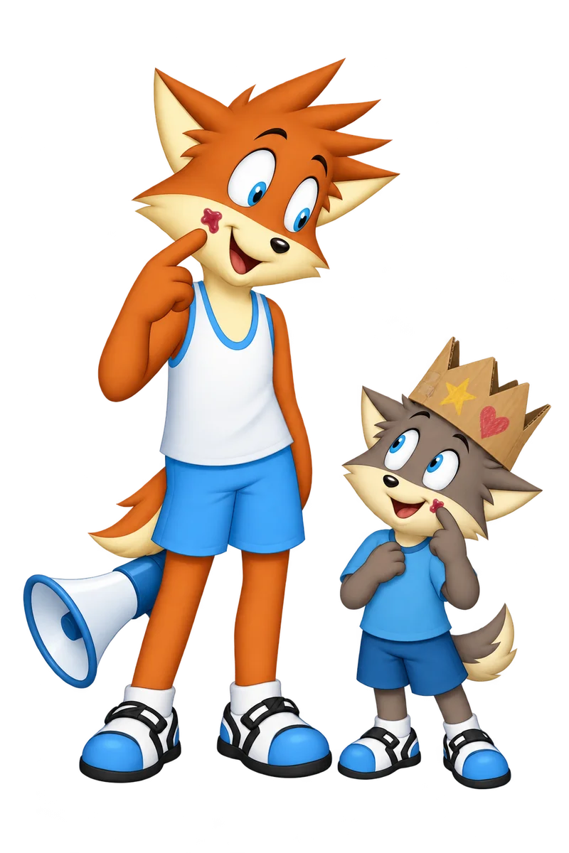 An orange parent discreetly points to jam on their own cheek while a crowned gray child notices the shared mishap; a megaphone stays lowered.