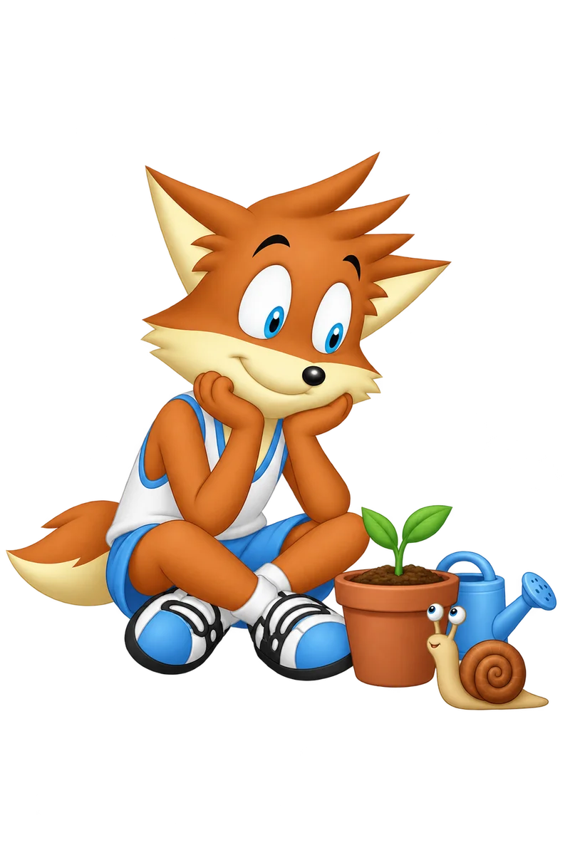 An orange character waits beside a tiny sprout, a resting watering can, and a curious snail.