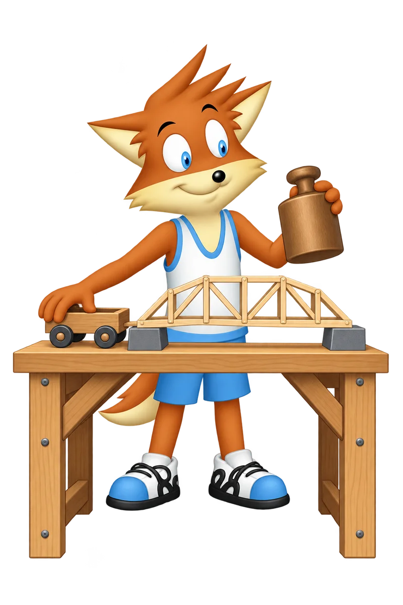 An orange character tests a model bridge with a wooden weight before moving a small cart across it.