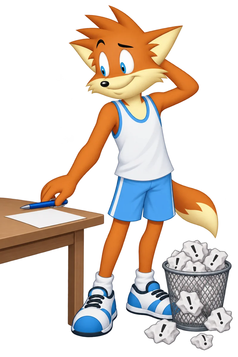An orange character sets aside a blank page and lowers a pen beside a wastebasket overflowing with angry drafts.