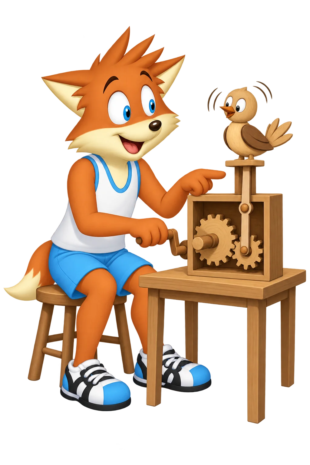 An orange adult turns the crank of a wooden bird toy while looking at its exposed gears.