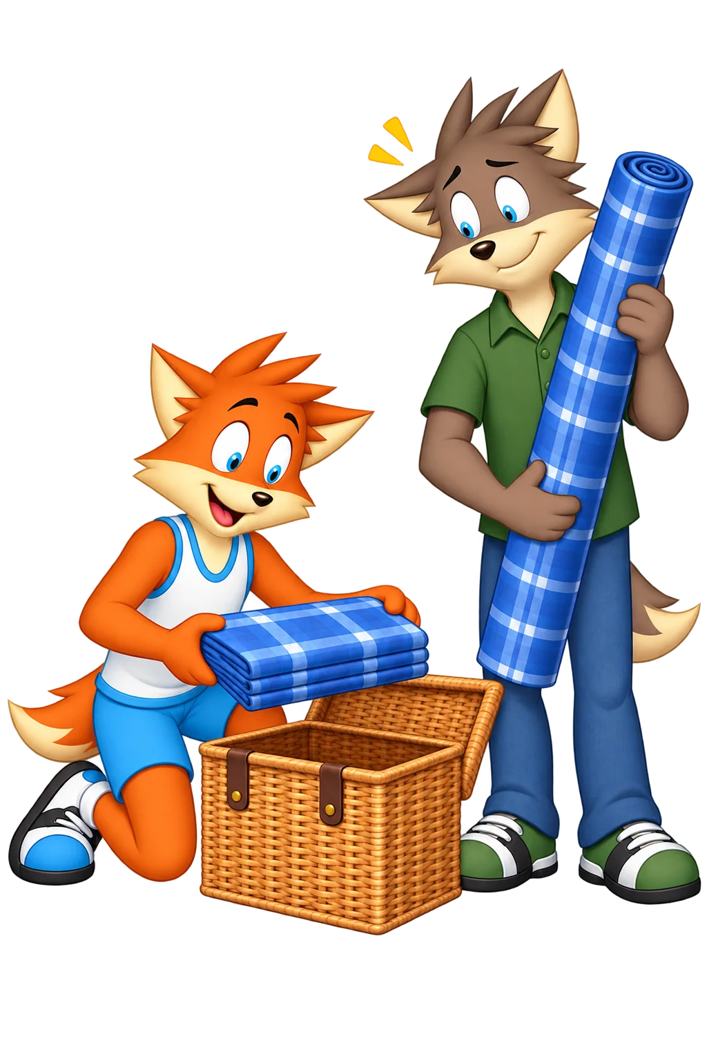 An orange adult holds a folded blue blanket above an open picnic basket while a grey-brown adult holds a long roll of matching fabric.