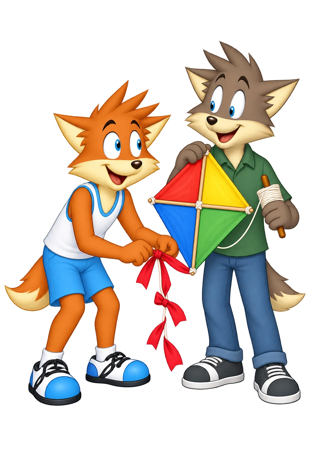 An orange adult ties a red ribbon to a colorful kite held by a grey-brown companion, with a spool of string on the companion’s arm.