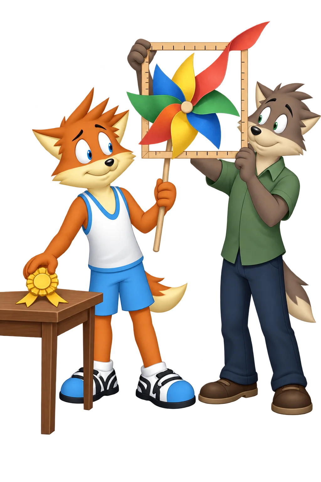 An orange adult holds a large pinwheel with a blade extending beyond a square frame held by a grey-brown adult, and places a gold rosette on a table.