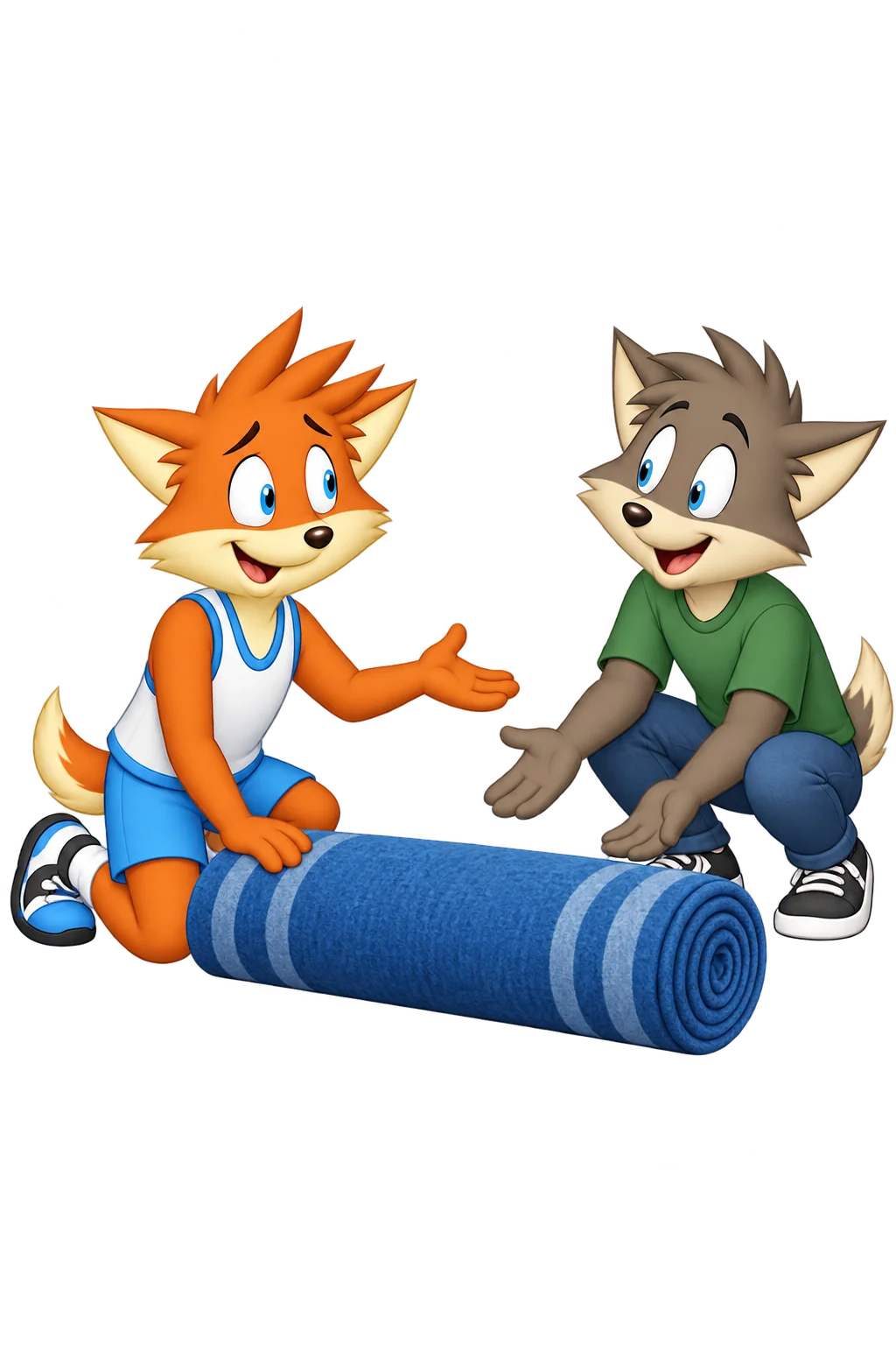 An orange adult kneels beside a rolled rug with one palm open toward a grey-brown companion who offers both hands.
