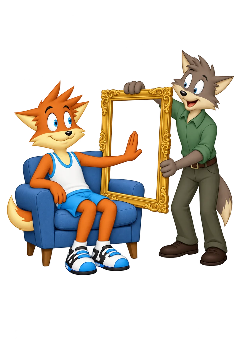An orange character remains in a cushioned chair and raises an open palm while a companion holds up an ornate narrow picture frame.