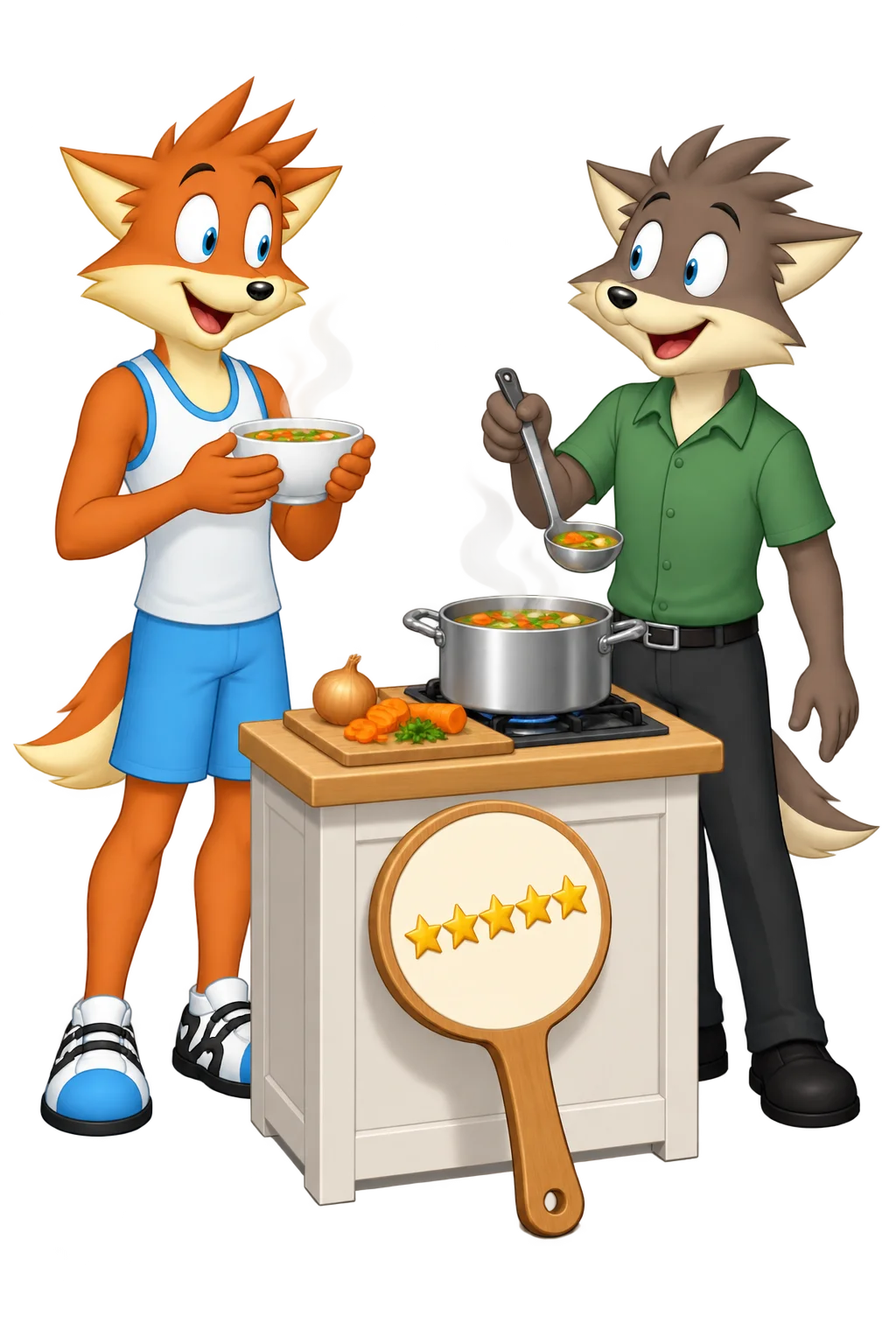 An orange adult holds a bowl of soup in both hands while a grey-brown friend holds a ladle over a pot on a small hob; an unused five-star judging paddle leans against the counter.