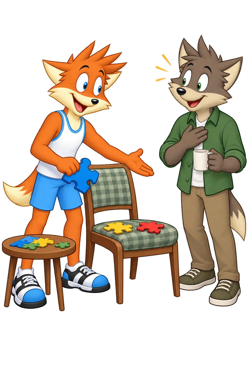 An orange adult lifts a large puzzle piece from a chair and gestures toward the remaining pieces as a grey-brown visitor stands with a mug.