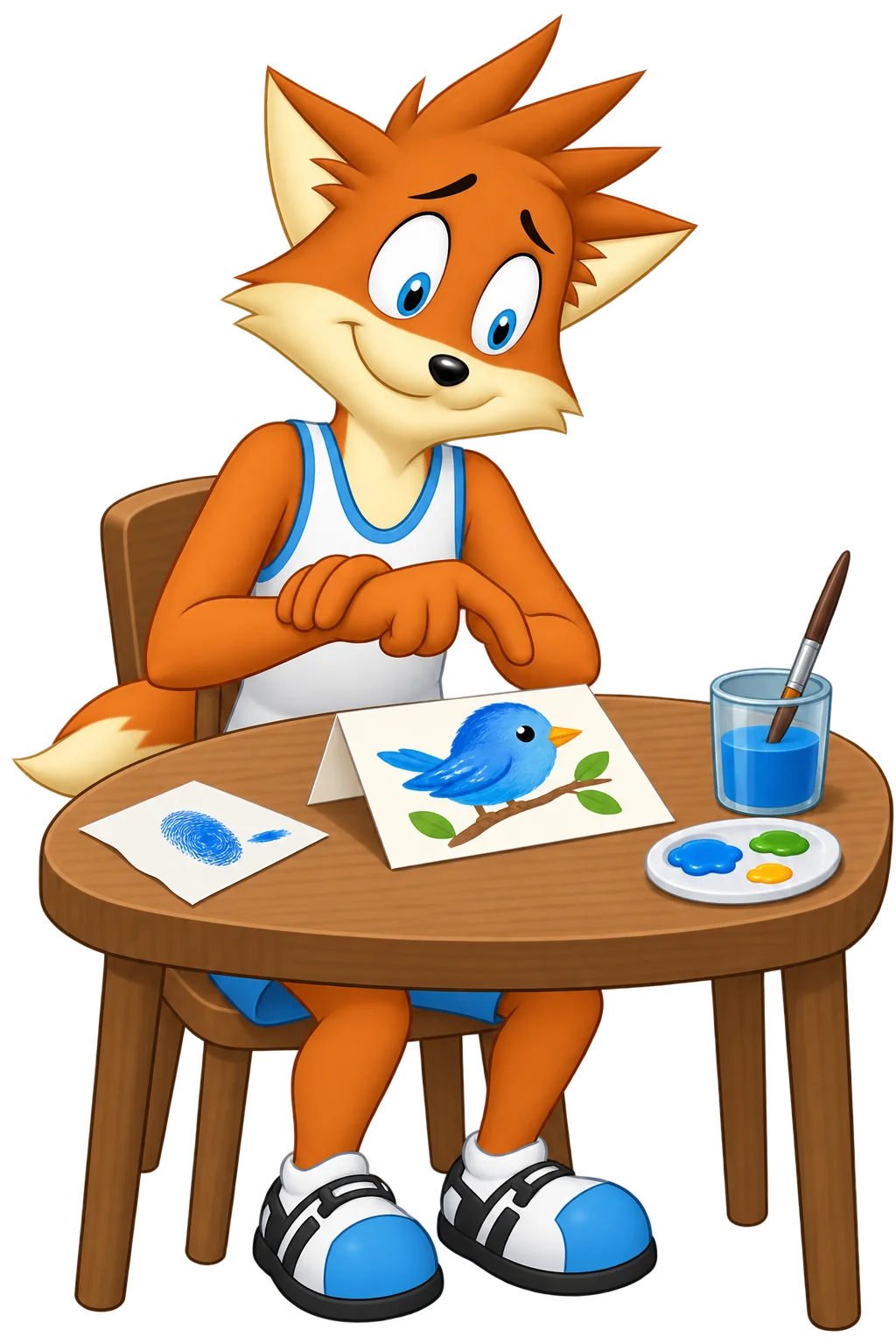 An orange adult holds a finger back from a freshly painted blue bird, with a blue smudge on a scrap of paper beside the card.