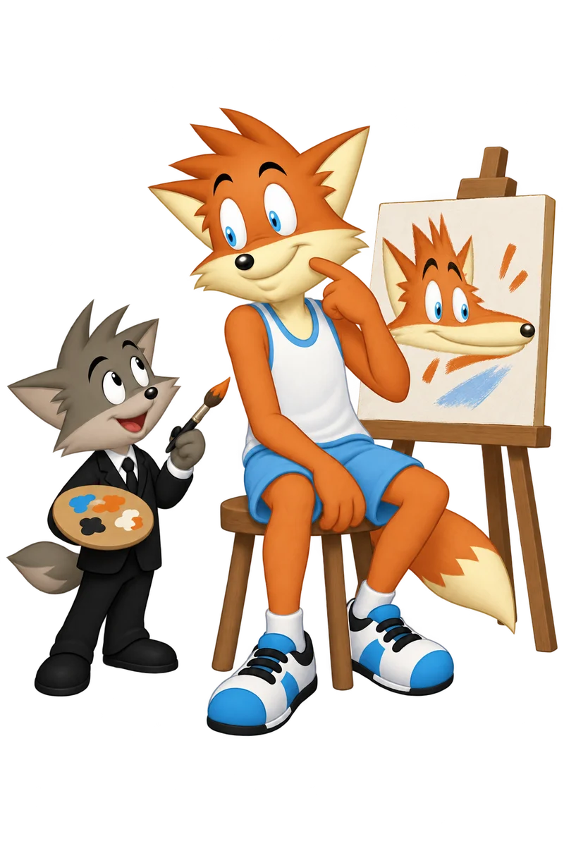 An orange sitter smiles at the artist and touches their cheek beside a portrait with a comically flattened face.