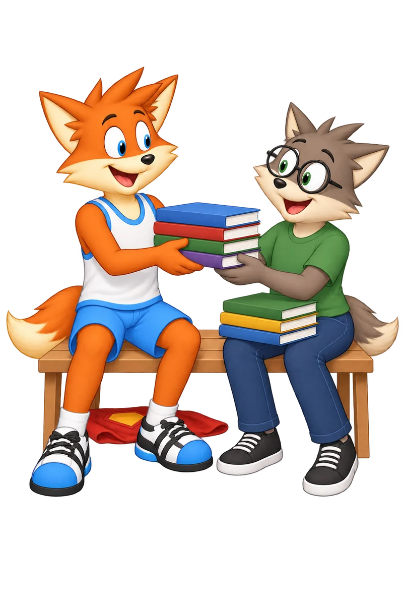 An orange teacher and an adult colleague share stacks of books on a bench, with a superhero cape folded underneath.