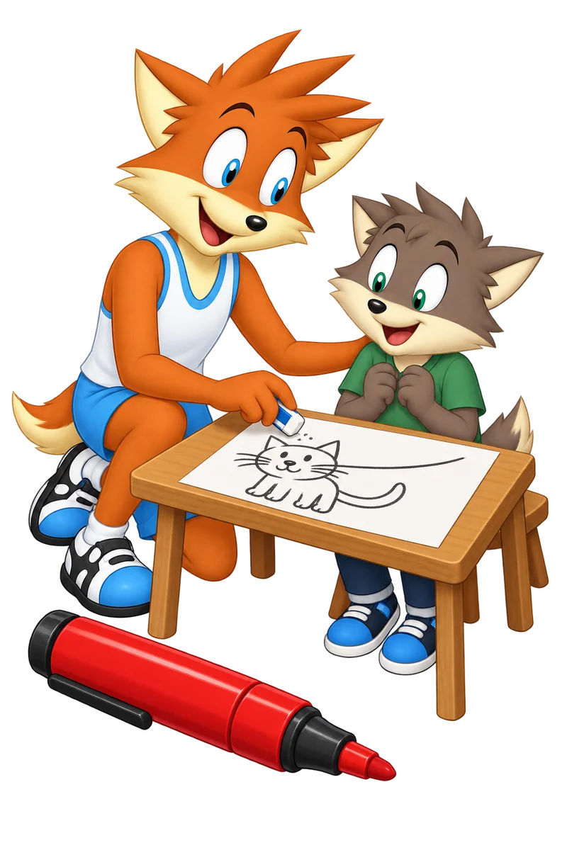 An orange teacher uses a small eraser on a learner’s cat drawing beside an enormous unused red marking pen.