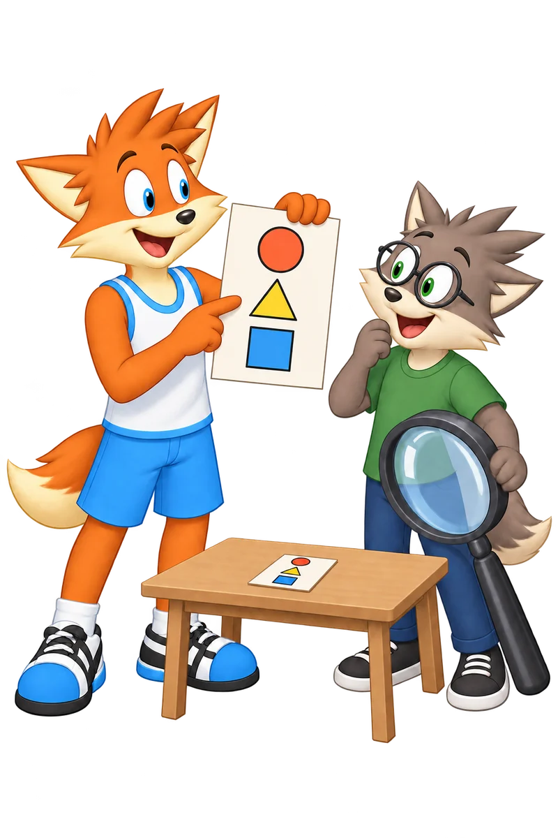 An orange teacher shows an enlarged version of a tiny sheet’s three shapes while a learner lowers an enormous magnifying glass.
