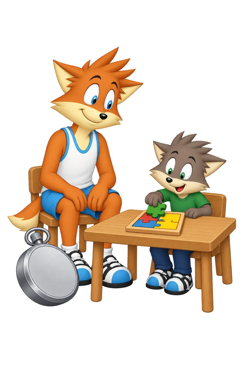An orange teacher rests both hands on their knees while a learner finishes a puzzle; an enormous stopwatch lies face down.