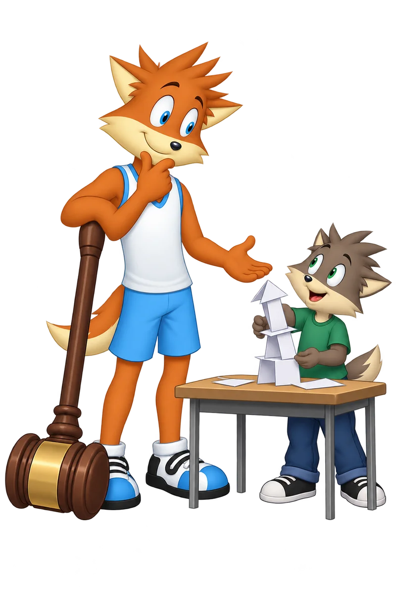 An orange teacher pauses beside an oversized resting gavel and looks at a learner’s lopsided paper tower.