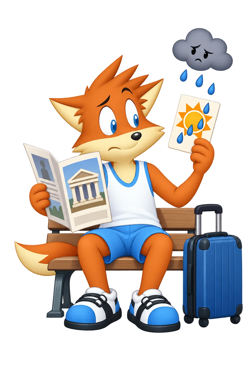 An orange traveler holds a damp card showing sunshine and an open museum leaflet beneath a small rain cloud.