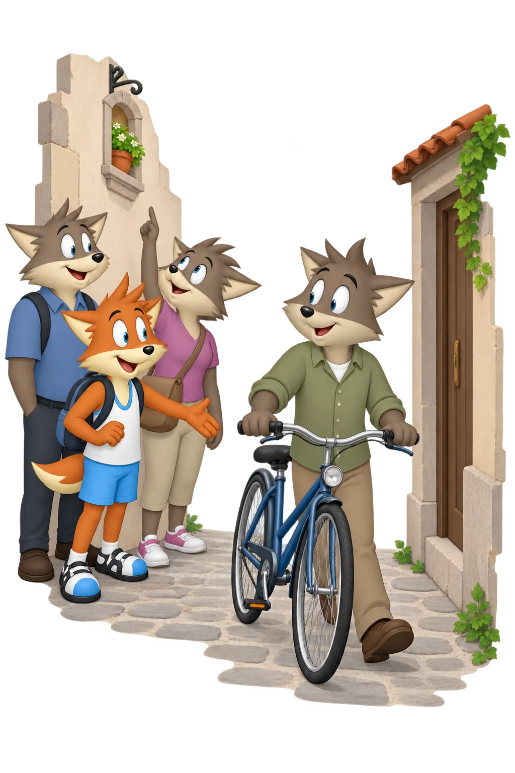 An orange visitor gestures a sightseeing group to the side of a narrow lane while a grey-brown resident walks a bicycle through.