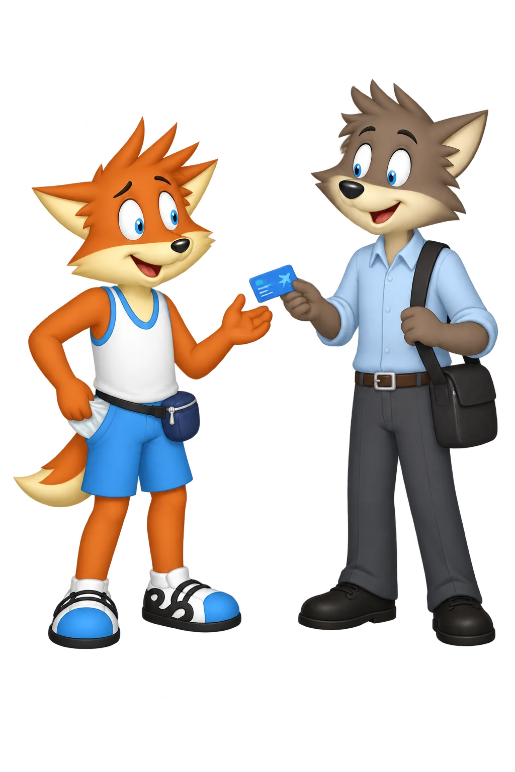 An orange traveler with a hand at their pocket turns toward a grey-brown adult offering a small blue travel card.
