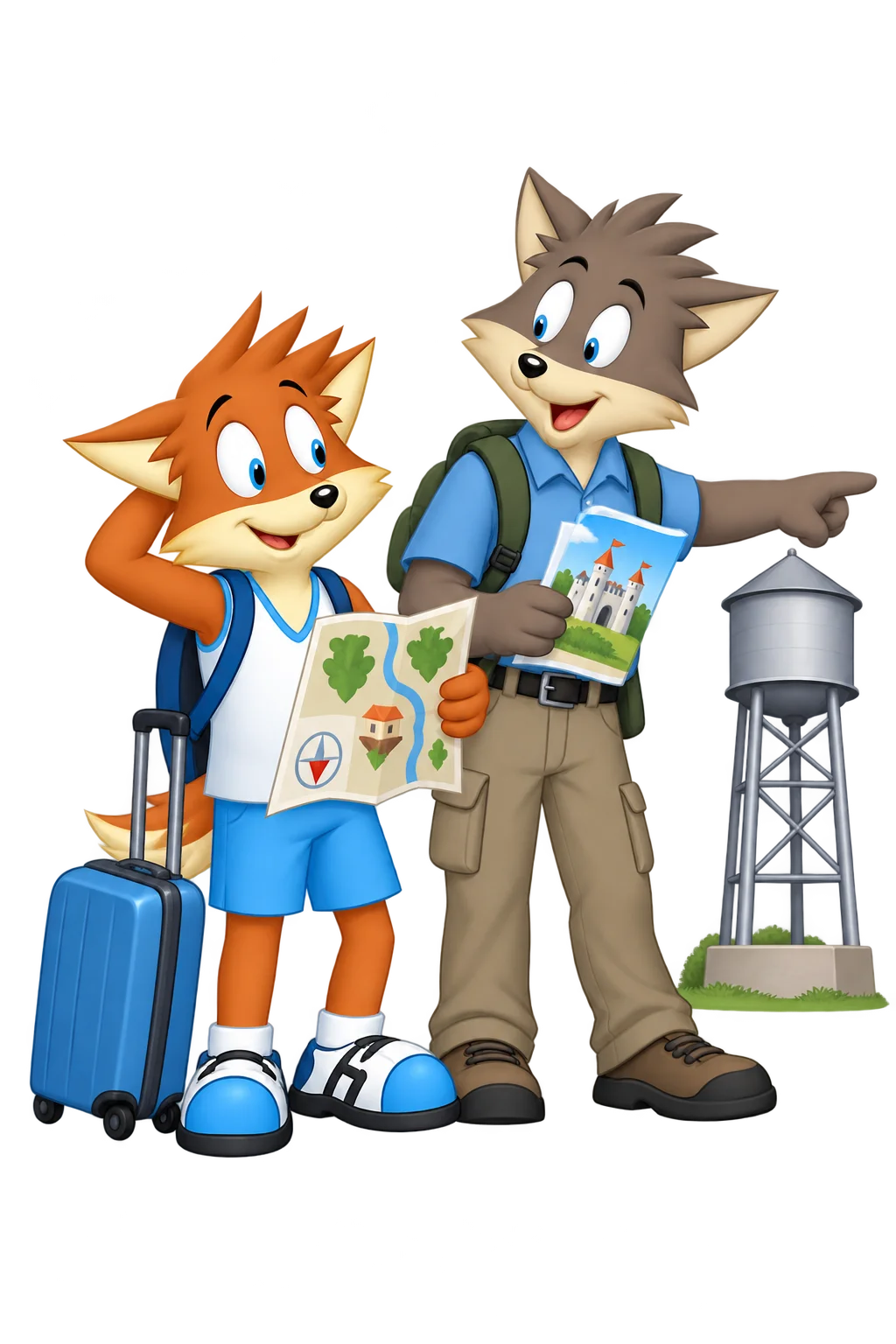 An orange traveler holds a map while a grey-brown companion holds a castle brochure and points toward a water tower.