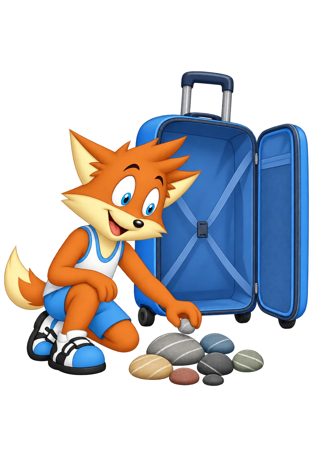 An orange traveler leaves a stone among an arrangement of stones beside an oversized open empty suitcase.
