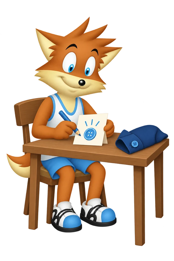 The orange adult draws a blue button on a small card beside a costume sleeve with a matching button.