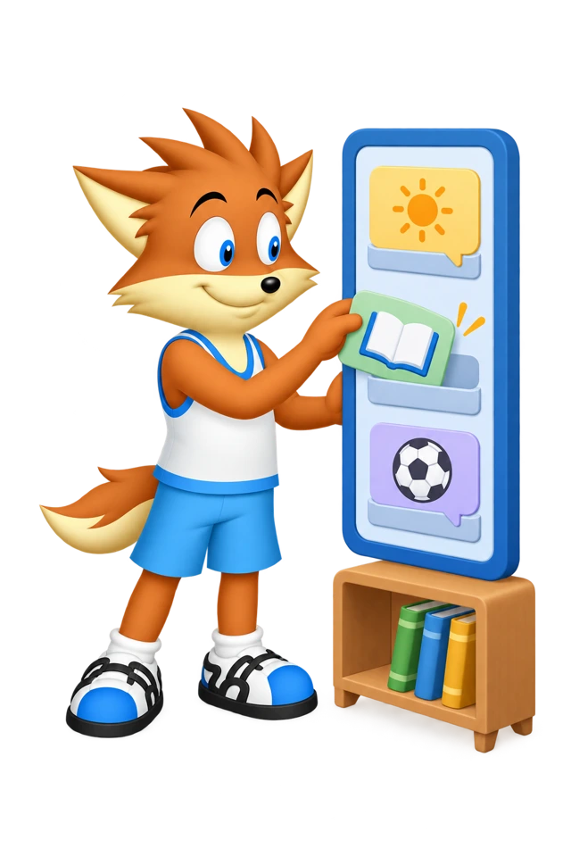 The mascot inserts an open-book card into an afternoon planner beside a shelf of books.