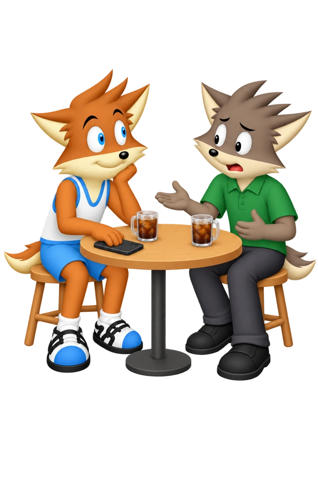 The mascot sets a phone aside and listens to a friend beside two mugs.