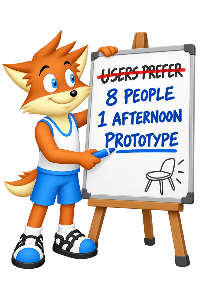 The mascot replaces “Users prefer” on a summary board with “8 people / 1 afternoon / prototype.”