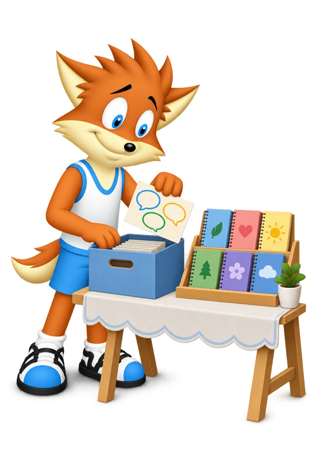 The mascot takes a card with three speech bubbles off a notebook display.