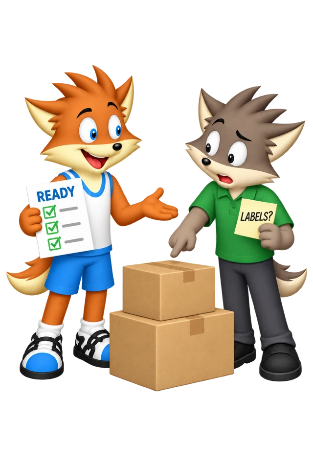 The mascot holds a report marked “Ready” and turns an open hand toward a colleague pointing to unlabeled boxes with a “Labels?” note.