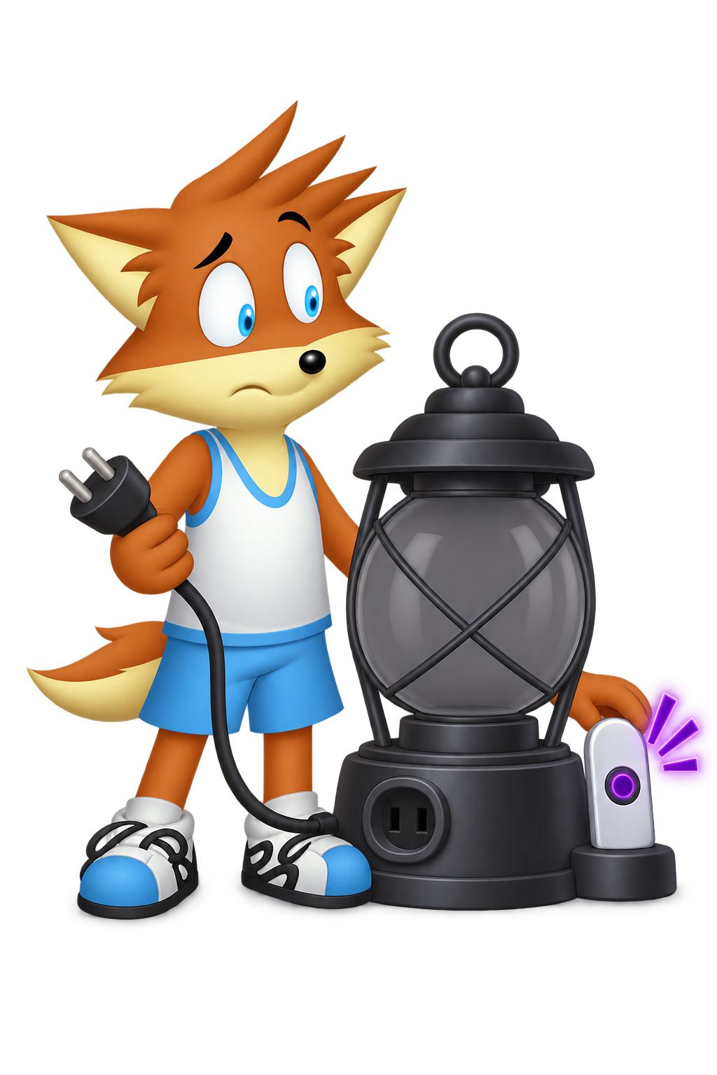 The mascot holds the unplugged display cord beside a dark lantern while violet pulses remain visible on the receiver.