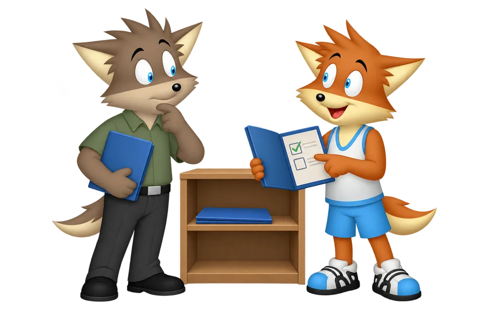 The gray adult holds a closed blue folder while the orange adult points to an empty checkbox in an open folder beside a small shelf.