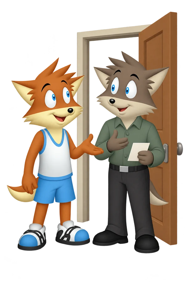 At an open doorway, the orange adult offers an open hand toward the gray adult holding a small note.
