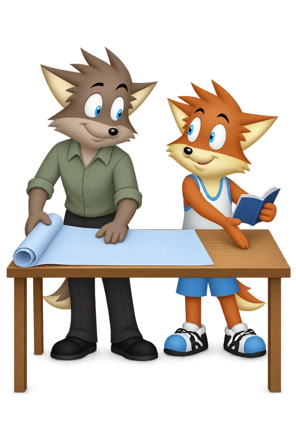 The gray adult spreads a wide sheet across a shared table while the orange adult holds a small blue book and indicates the remaining space.