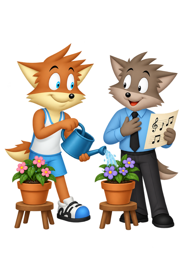 The orange mascot waters purple flowers beside a grey companion holding a music sheet; another pot of pink flowers stands to the left.